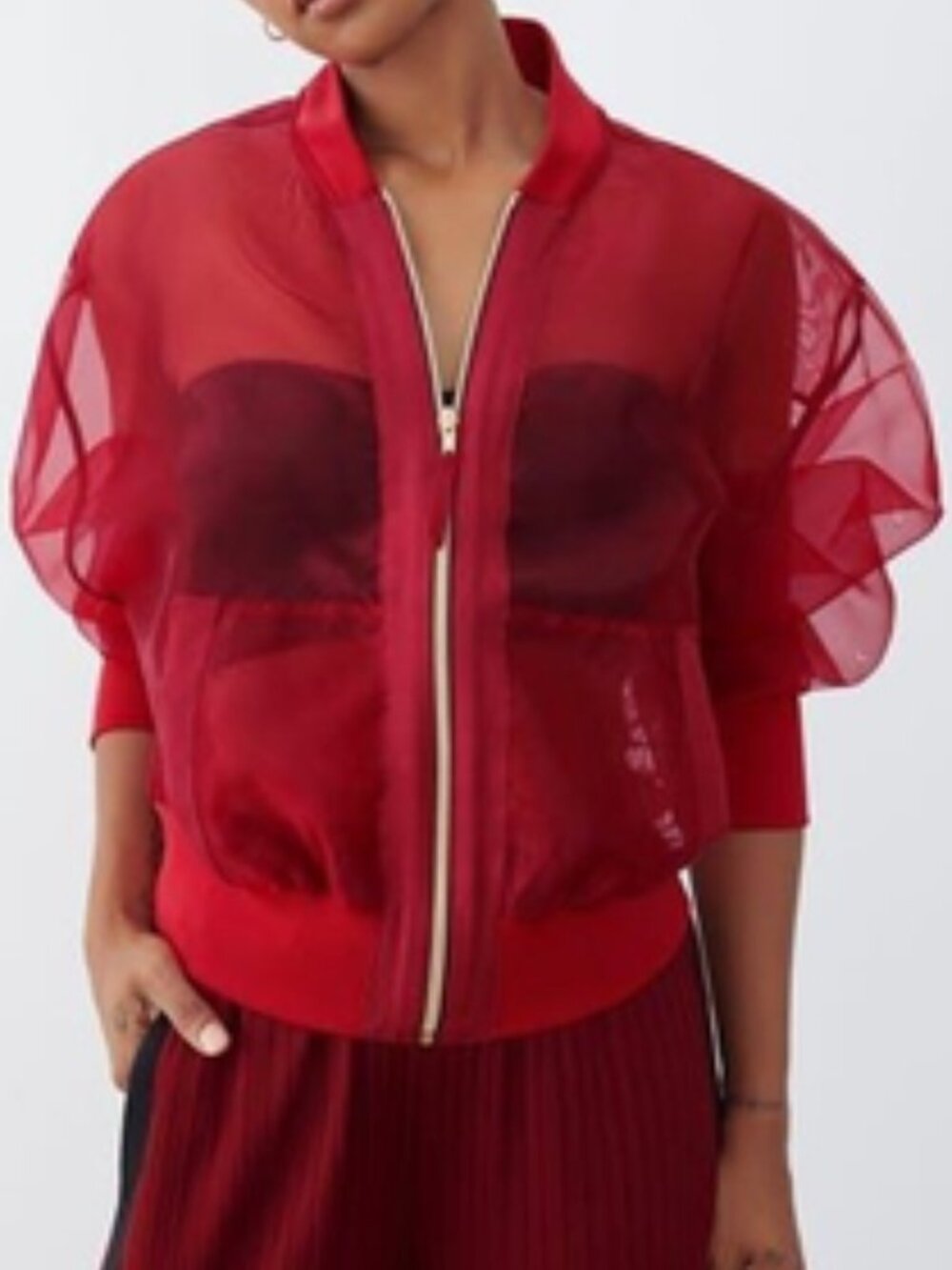 GSTQ Sheer Bomber Jacket In RED Zip Up Chiffon Womens Size 1XL